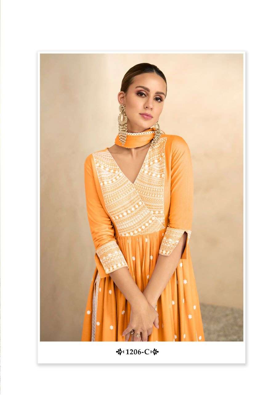 AADHIRA VOL 4 LIGHT COLOR  REYON VISCOS FRNT AND BACK LAKHNAWI WORK NAYRA CUT KURTI WITH COTTON PANT AND NAZMIN DUPATTA BY VAMIKA BRAND 1206 C C